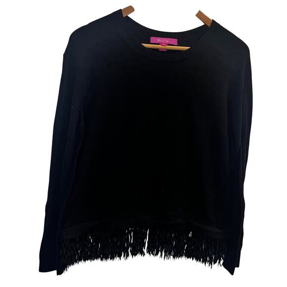 Lilly Pulitzer Sweater Womens Medium Black Fringe Hem Crewneck Pullover Top - Picture 1 of 12